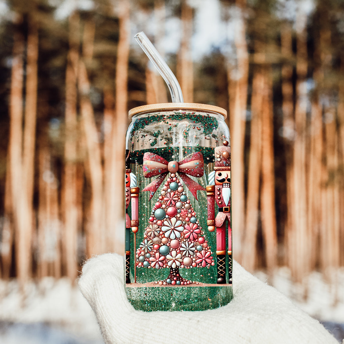 Holiday coffee mug – glass cup with Christmas tree and bow on top
Unique Christmas coffee cup – Nutcracker soldier glass tumbler with boho floral wrap
Boho Christmas glass tumbler – pink, teal, gold, and glitter festive drinkware